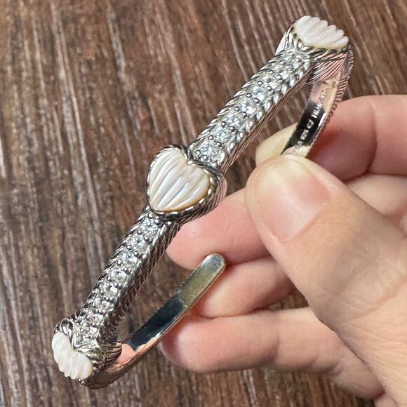 JUDITH RIPKA Sterling Silver Cuff Bracelet Pink Mother of Pearl Heart & CZ, MOP - Picture 3 of 14